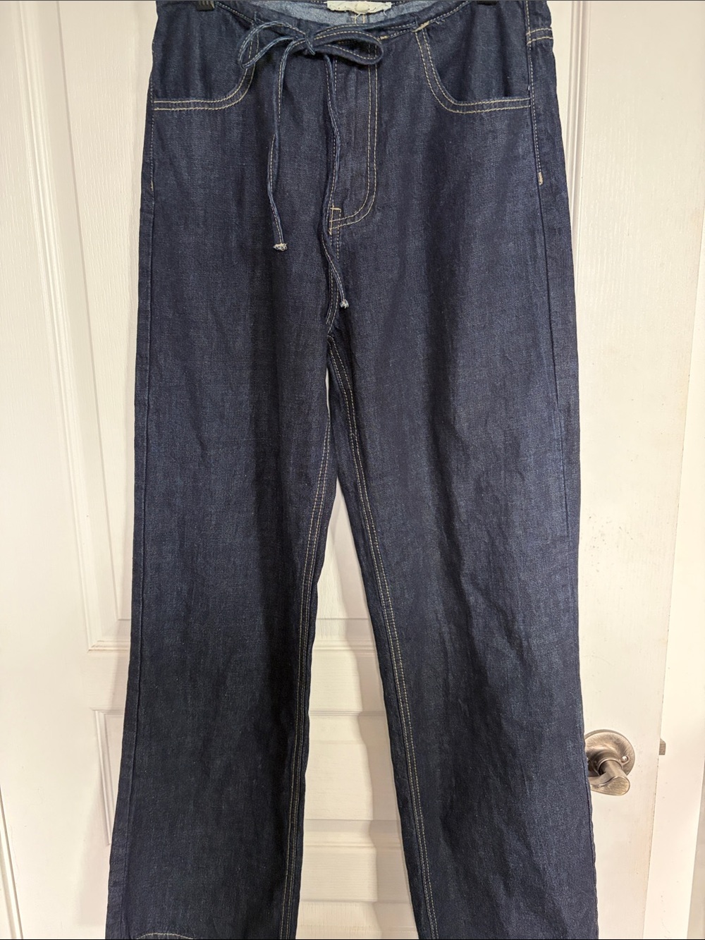 Wide Leg Dark Blue Drawstring Denim Jeans for Women